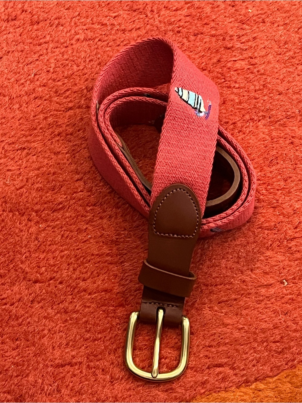 BONOBOS Mens Red Sailer Embrordered Cotton and Leather Belt Size 34 Made In USA